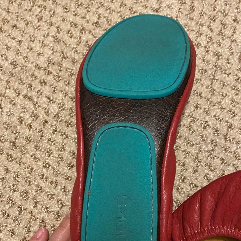 Tieks Red Leather Flats with Turquoise Accent - Picture 2 of 7
